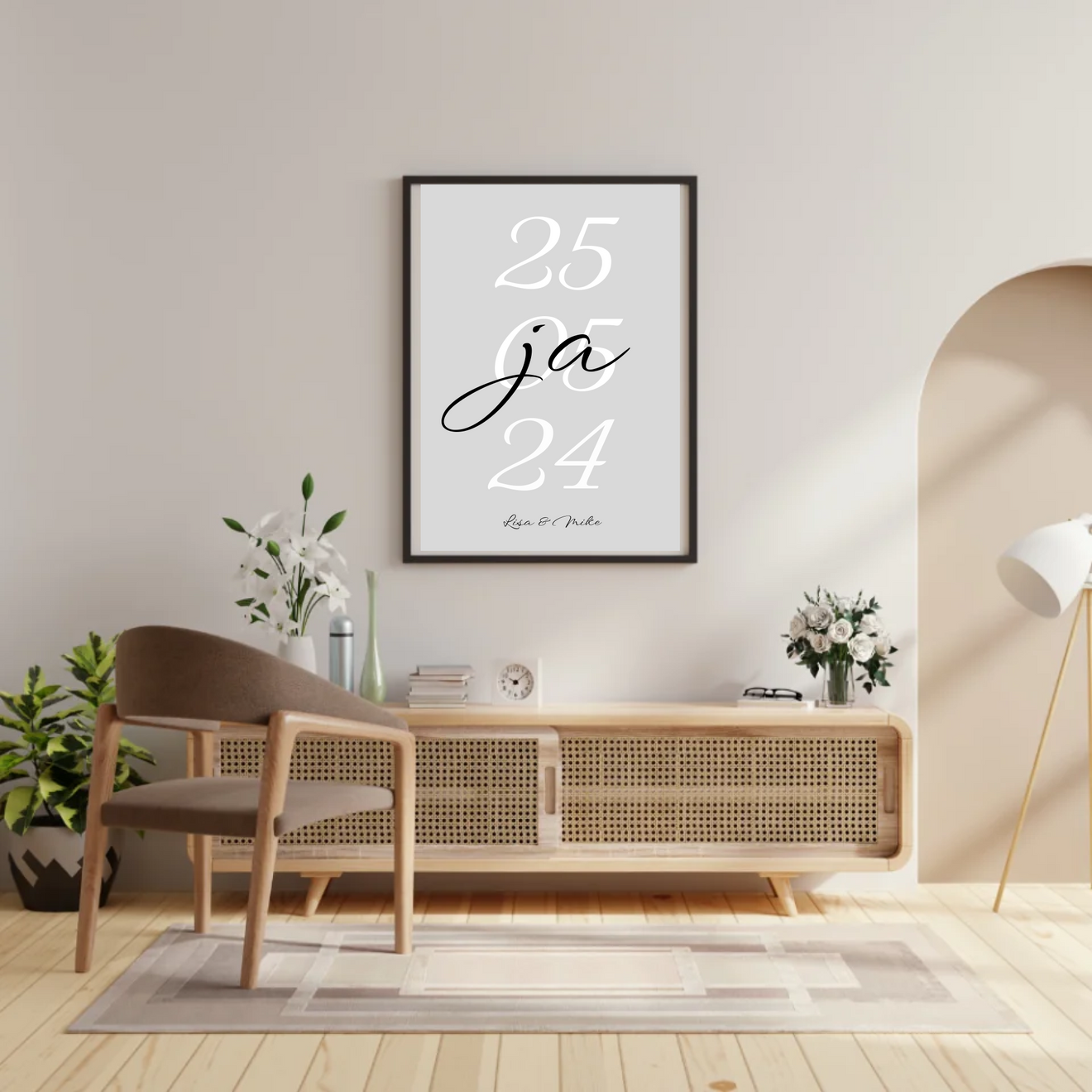 Minimalistisches Hochzeitsdatum-Poster mit »Ja« und individualisiertem Datum