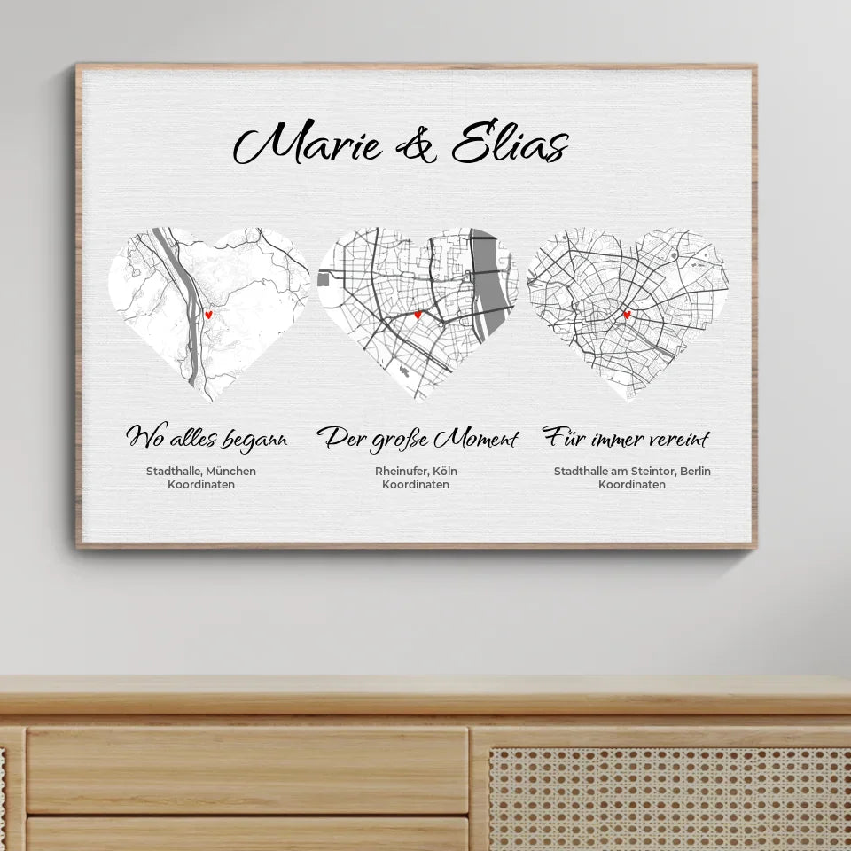 Stilvolles Poster Herzkarte Trio als romantisches Paargeschenk