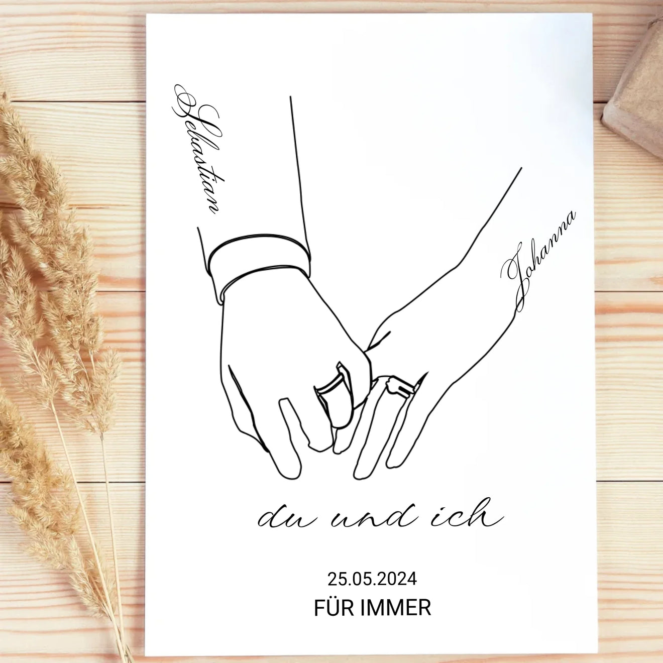 Schwarz-weiß Poster mit den Namen des Paares und Datum