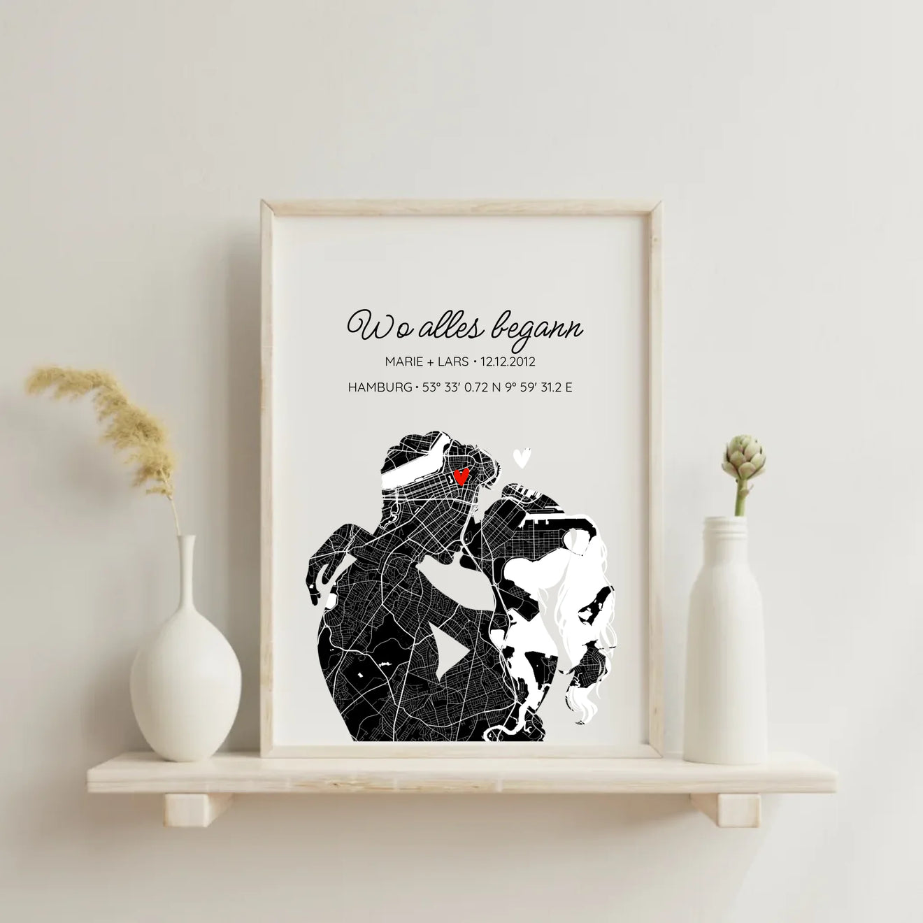 Geschenkfabrik24 – personalisiertes Stadtkarte-Poster 'Wo alles begann' mit Paar-Silhouette, Namen, Datum und Koordinaten