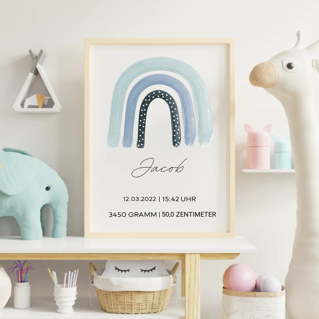 Close-up des personalisierten Regenbogen-Posters mit Name und Geburtsdatum
