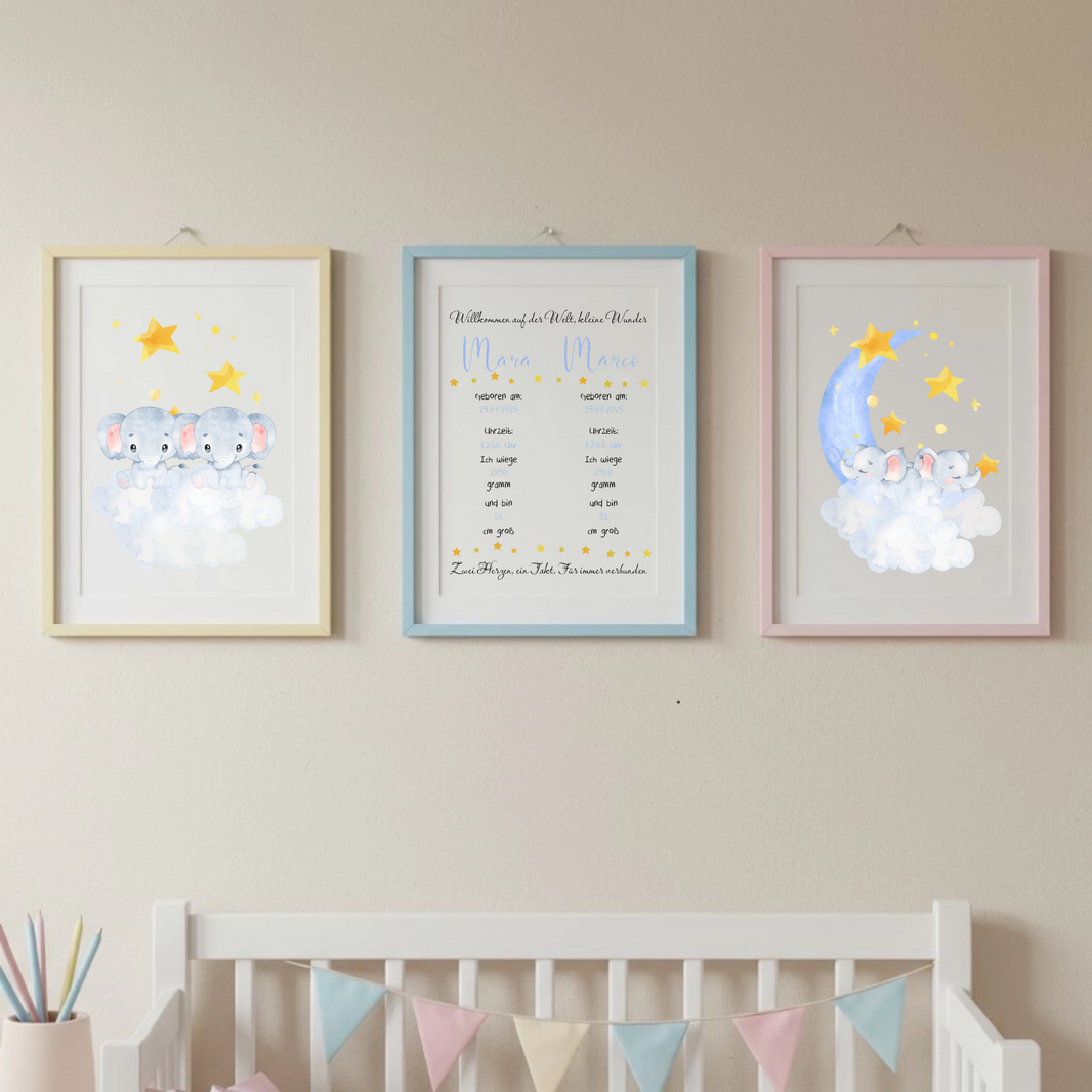 Personalisierbares Zwillinge Geburtsposter mit Aquarell-Elefanten und Sternen
