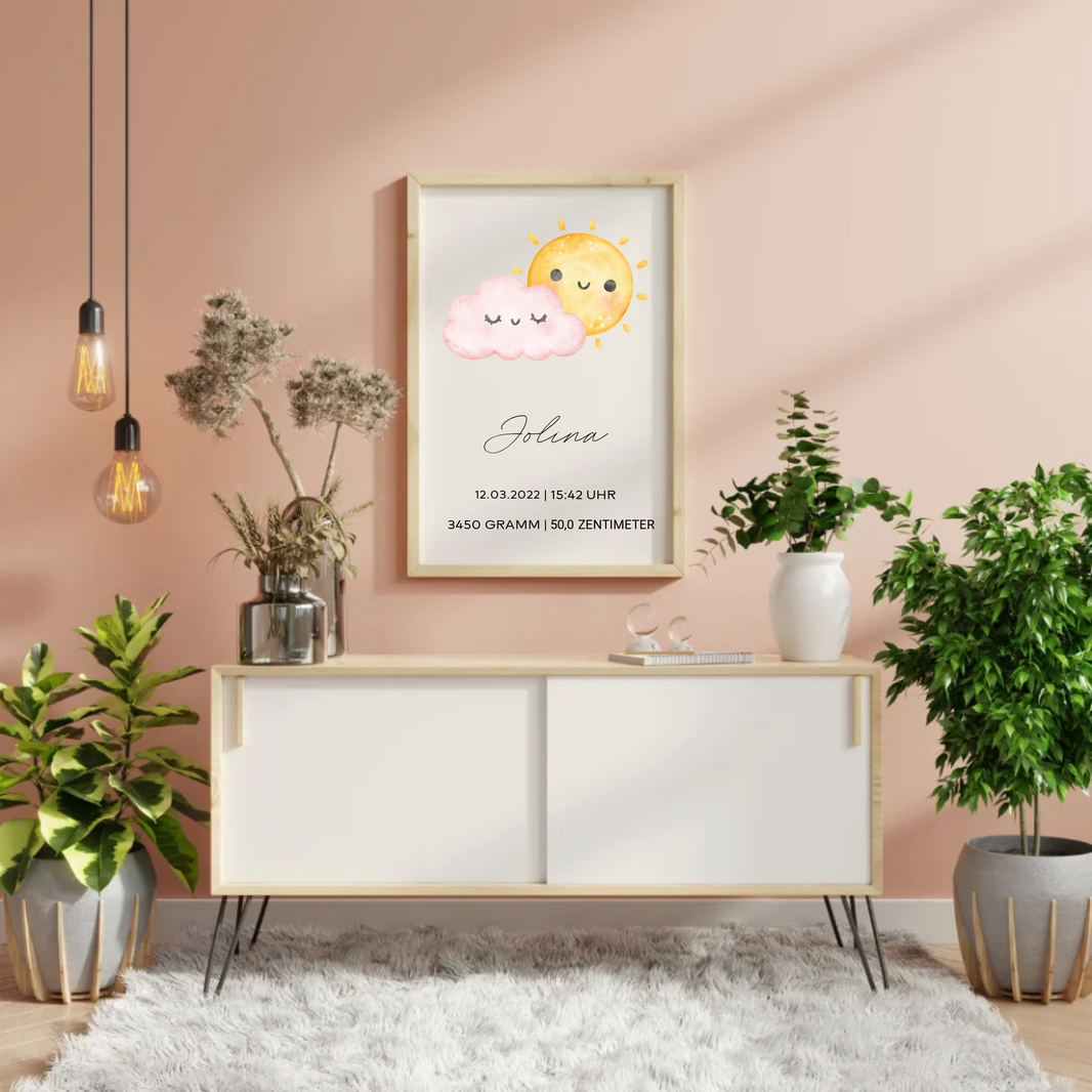 Geburtsposter mit Aquarell-Sonne und -Wolke Motiv