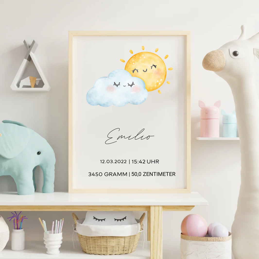 Personalisierbares Geburtsposter 'Sonne & Wolke'