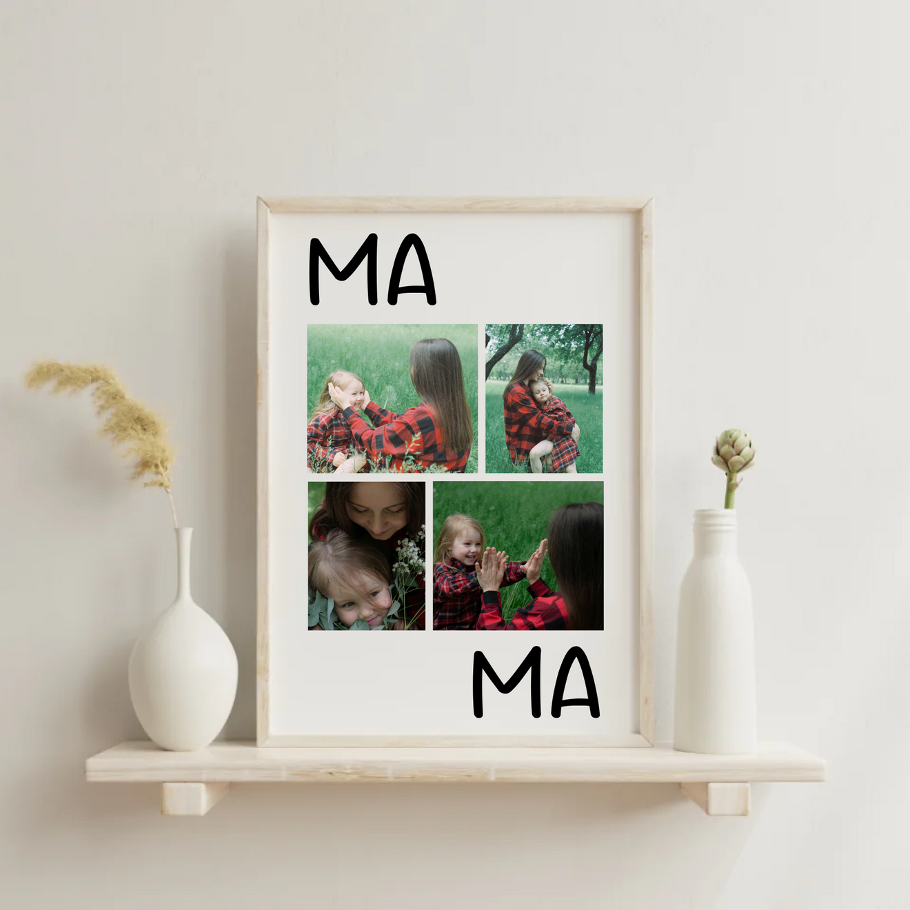 Vier Fotos in modernem Raster mit Schriftzug Mama Collage