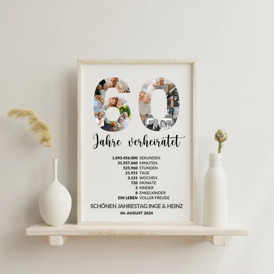 Personalisierte 60 Jahre Hochzeit Collage – Diamanthochzeit Geschenk mit Fotos & Meilensteinen