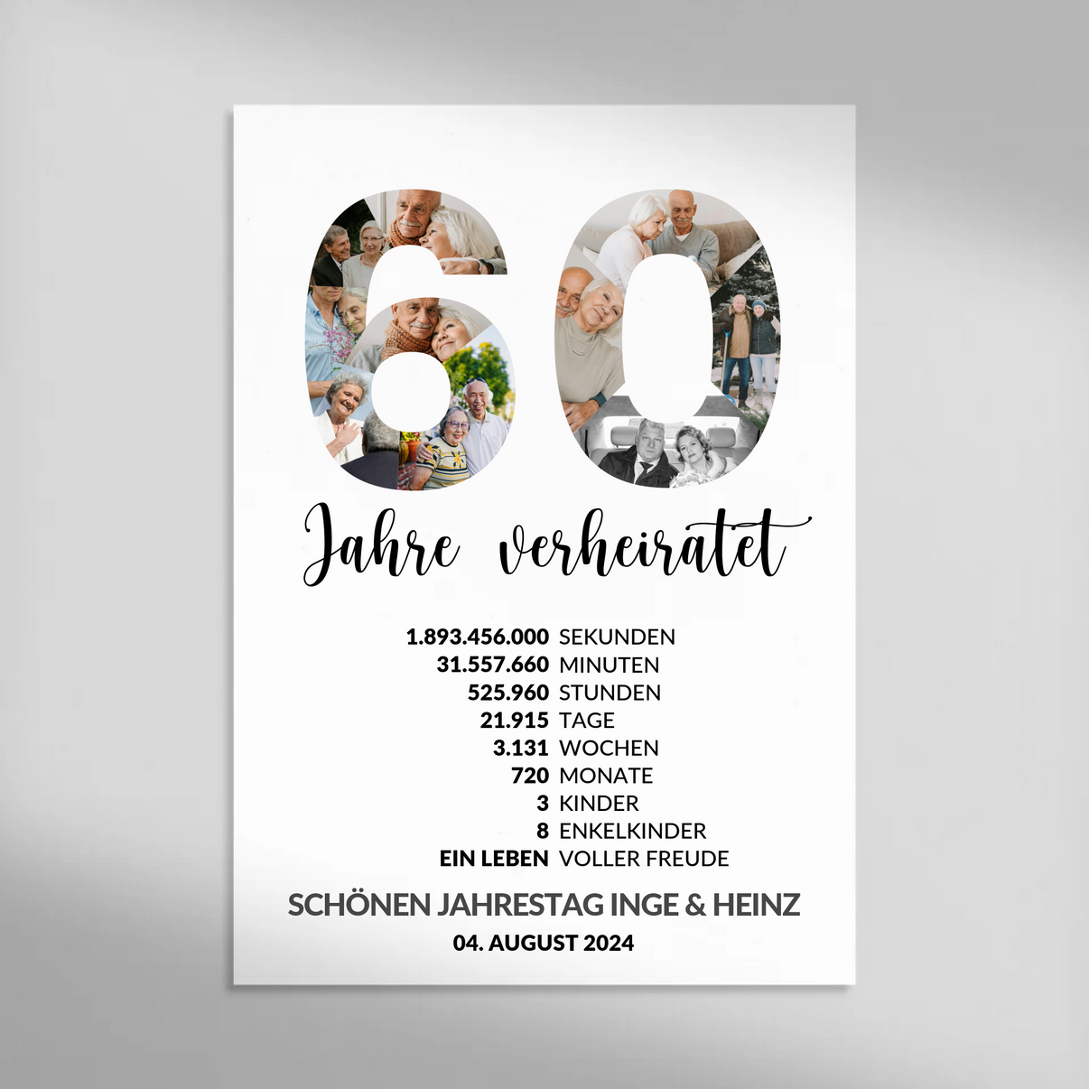 Geschenkfabrik24 Diamanthochzeit Wandposter mit individuellem Datum und Fotos