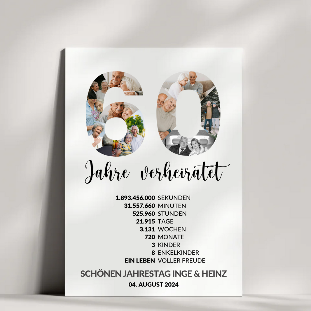Personalisierte 60 Jahre Hochzeit Collage – Diamanthochzeit Geschenk mit Fotos & Meilensteinen