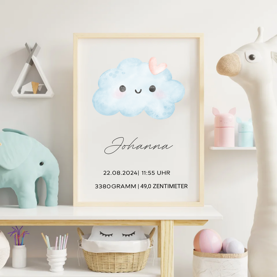 Geburtsposter mit Wolkenmotiv personalisiert für das Baby