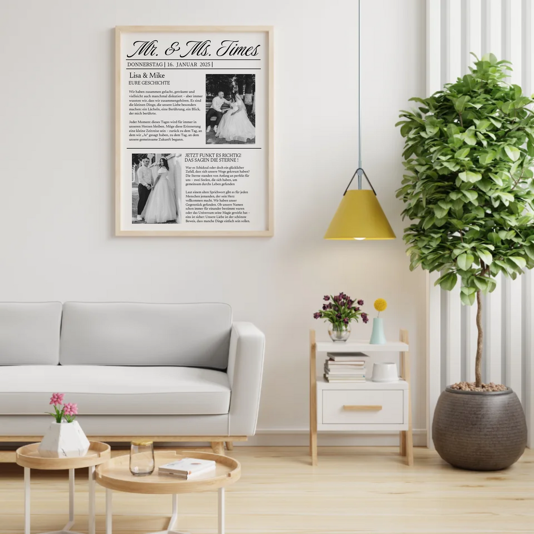 Personalisierte Hochzeitszeitung als Wandbild