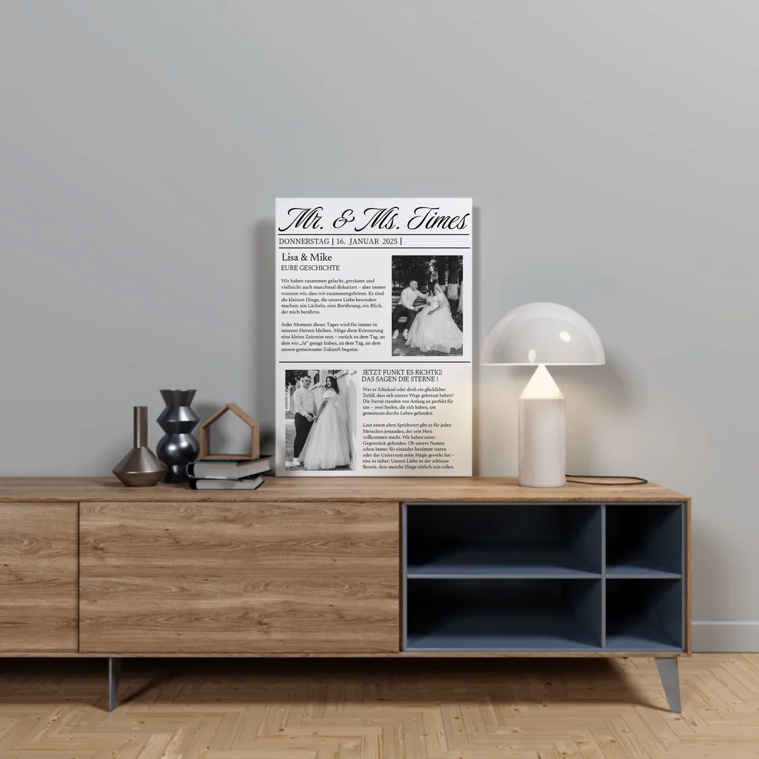 Personalisierte Hochzeitszeitung als Wandbild