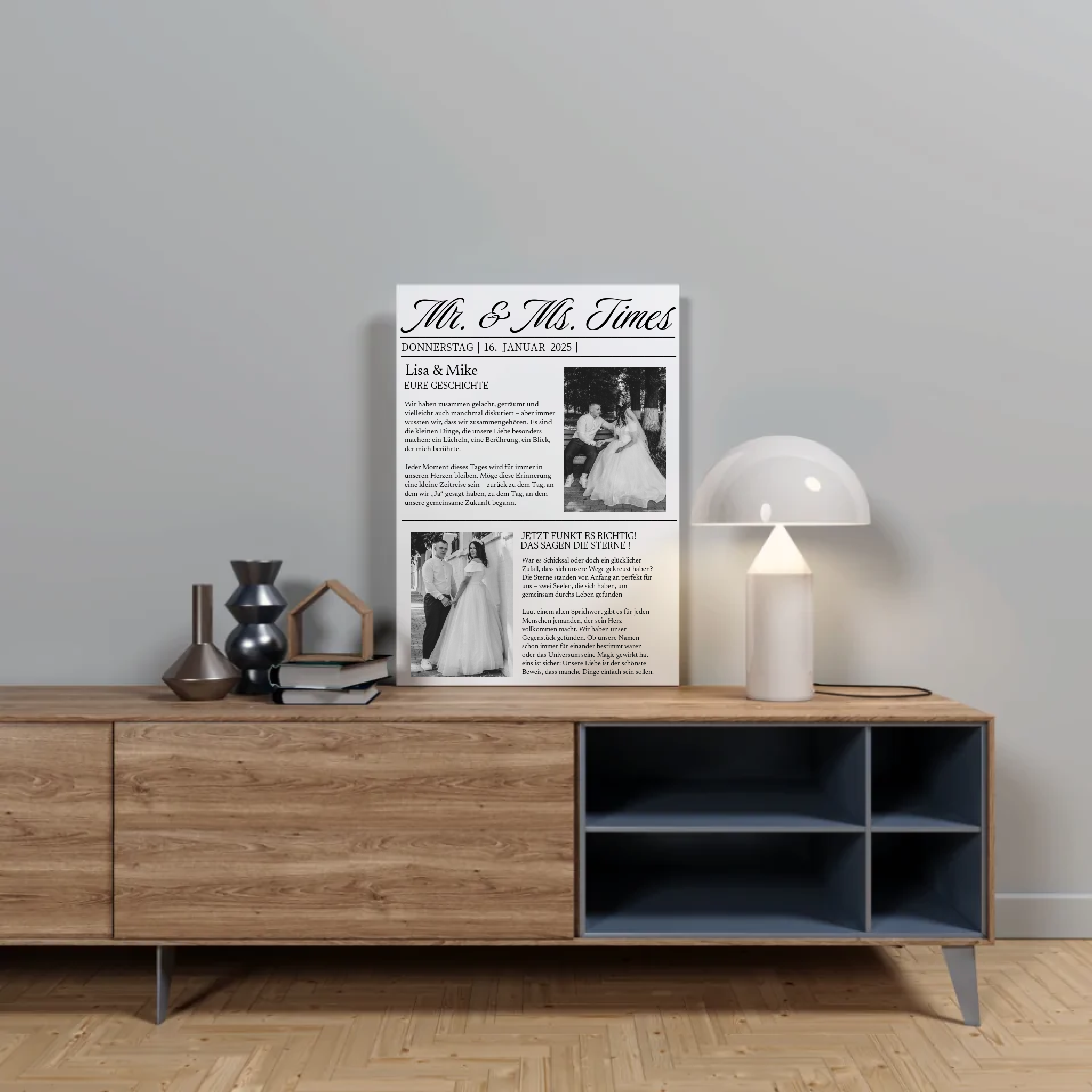 Zwei integrierte Hochzeitsfotos in einer stilvollen Zeitungs-Kollage auf dem Poster