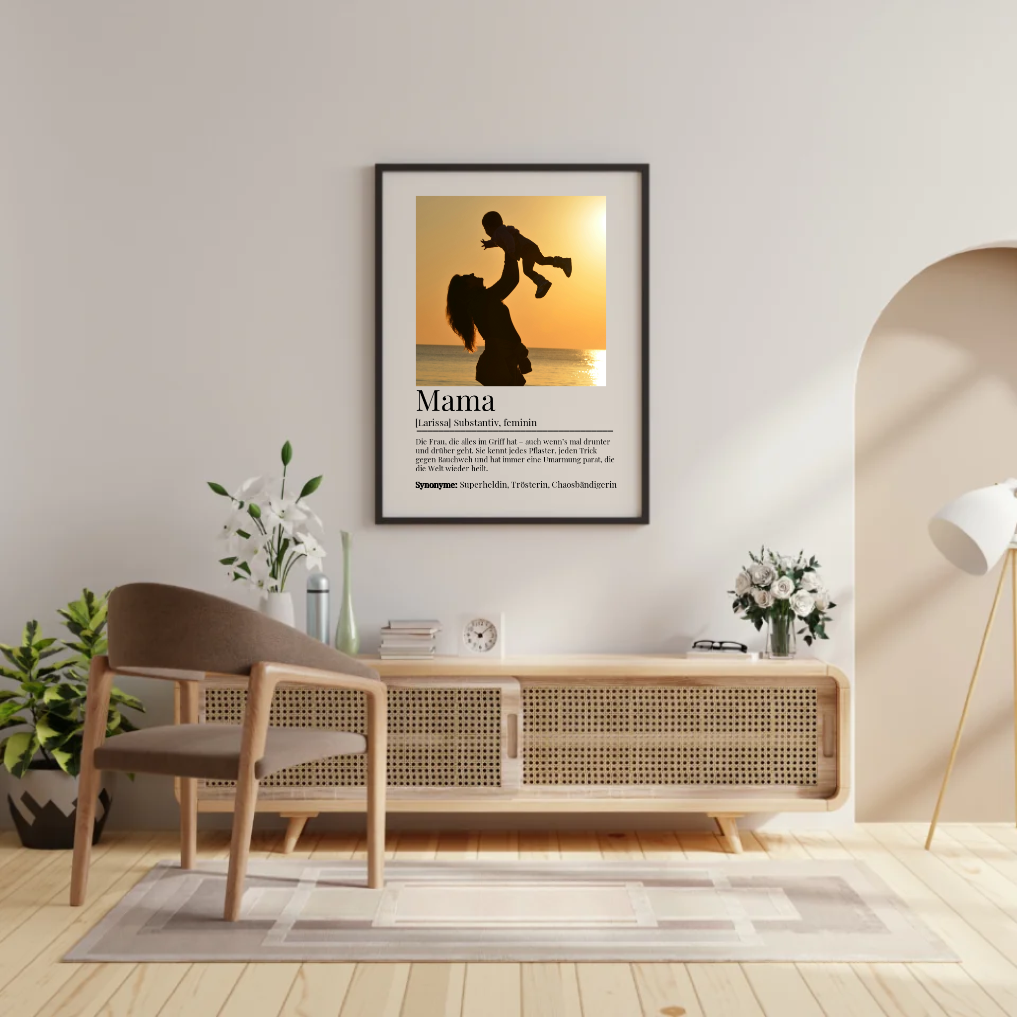 Detailansicht des liebevoll gestalteten Definition Posters für Mama mit Synonymen
