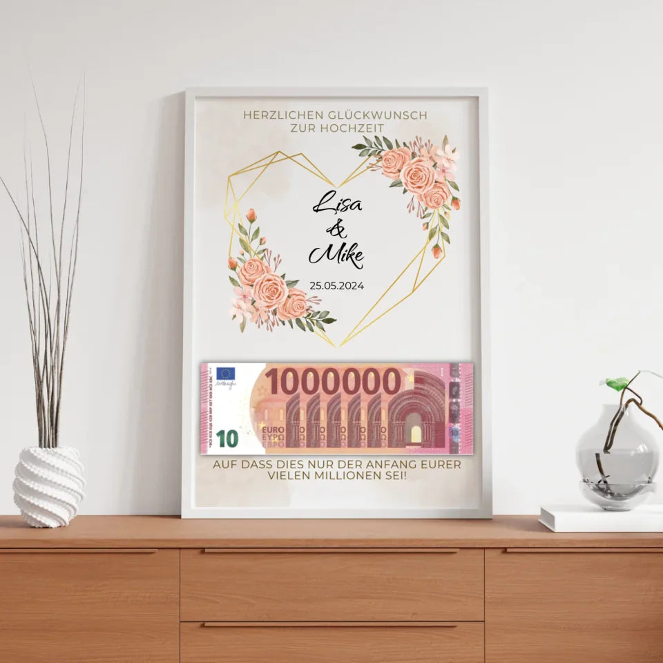 Personalisiertes Hochzeits-Geldposter mit goldenem Herz und Blumenrahmen