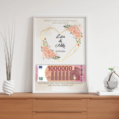 Personalisiertes Hochzeits-Geldposter mit goldenem Herz und Blumenrahmen