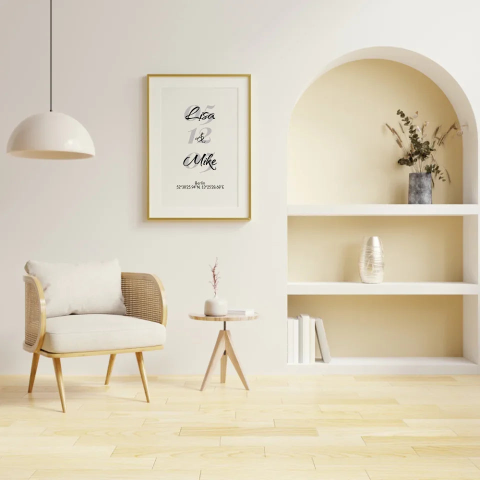 Minimalistisches Poster-Design mit zwei Namen über Koordinaten