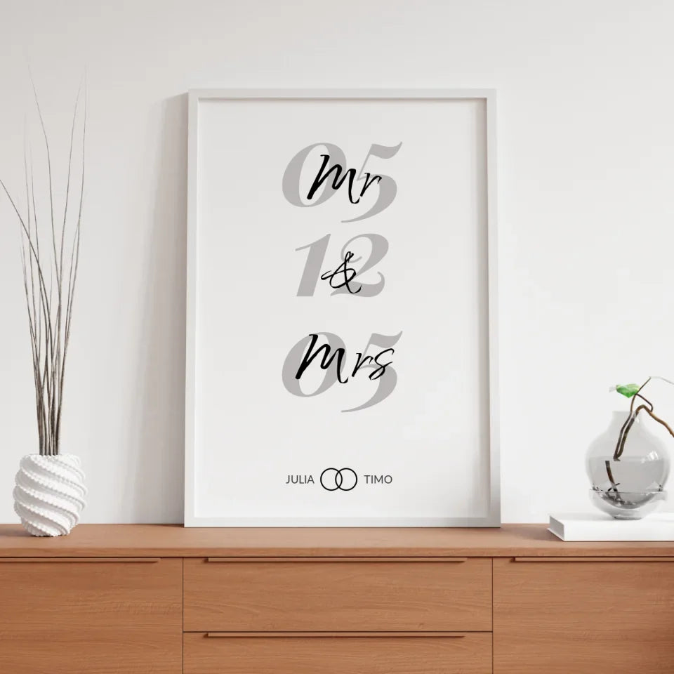 Modernes Mr & Mrs Poster als personalisiertes Hochzeitsgeschenk