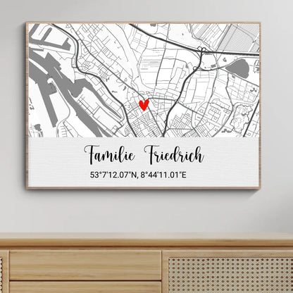 Elegantes Poster mit gezeichnetem Stadtplan, Herz-Highlight und Text