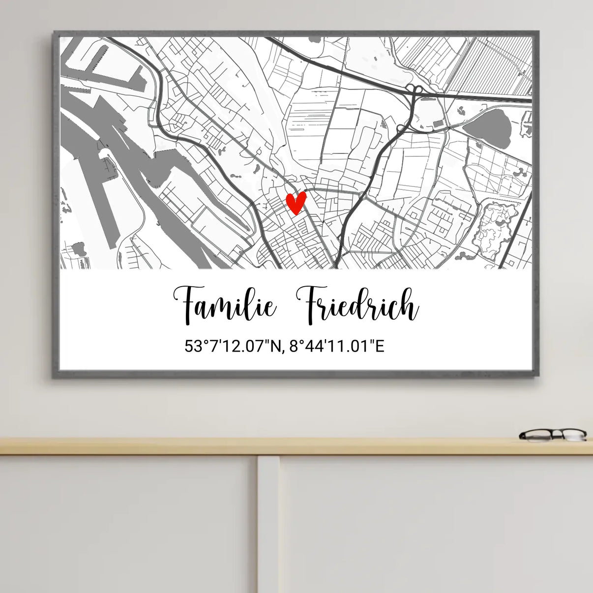 Design-Mockup eines Herz-Stadtkarten-Posters von Geschenkfabrik24