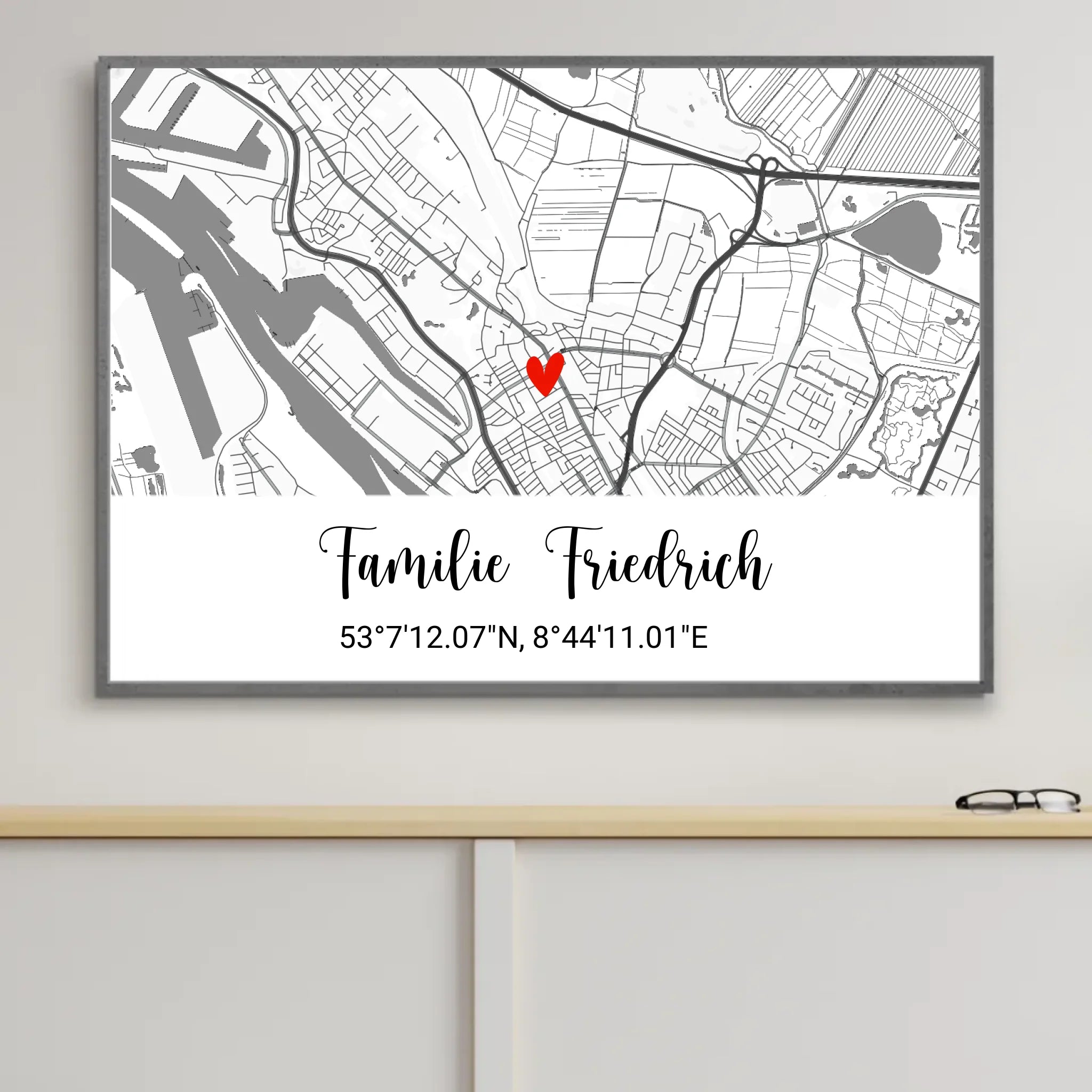Design-Mockup eines Herz-Stadtkarten-Posters von Geschenkfabrik24