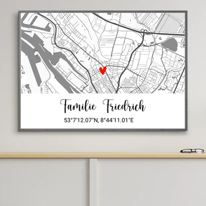 Design-Mockup eines Herz-Stadtkarten-Posters von Geschenkfabrik24