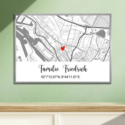 Nahaufnahme eines personalisierten Stadtposter-Geschenks mit Koordinaten