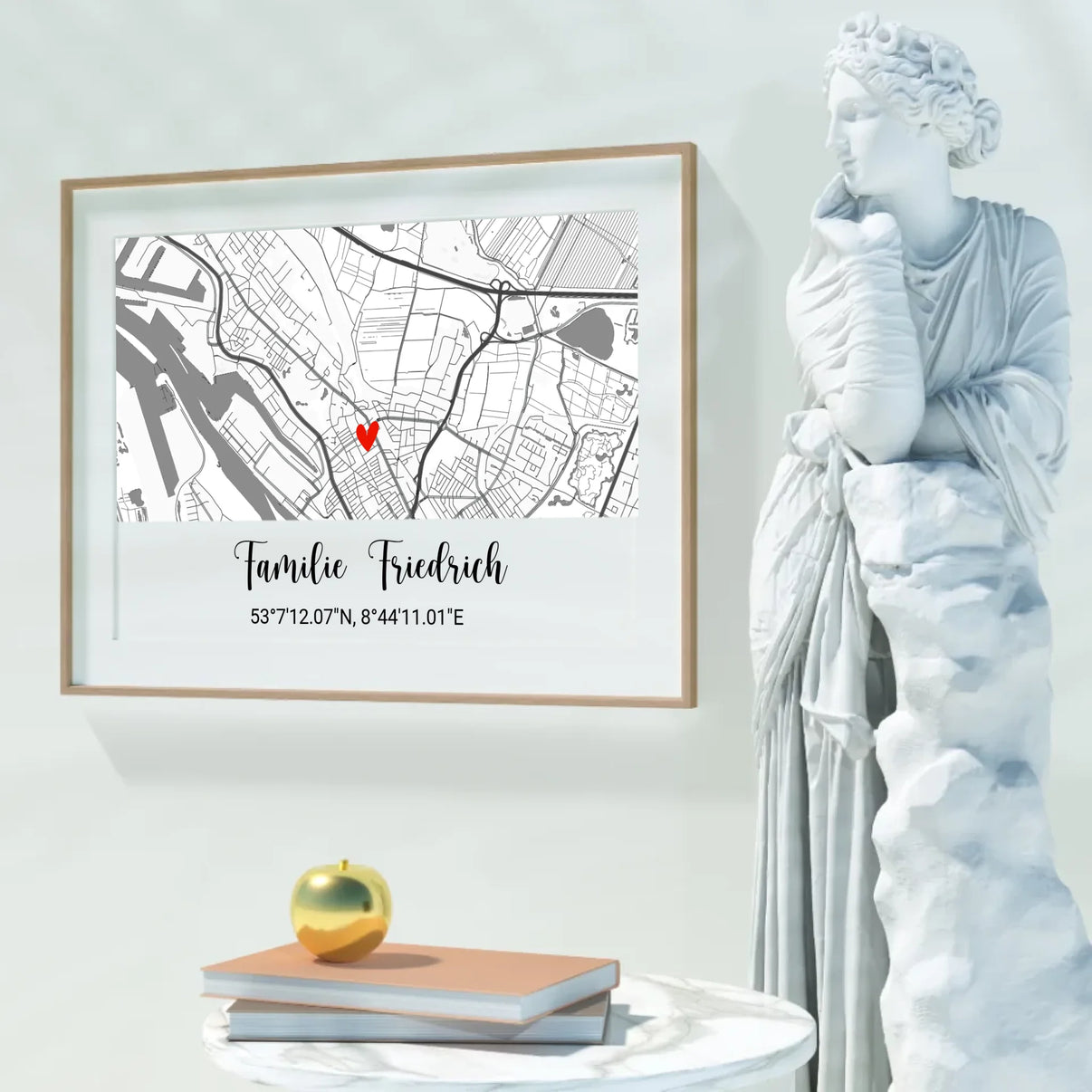 Ansicht des personalisierten Geschenks mit Familienname und Ort