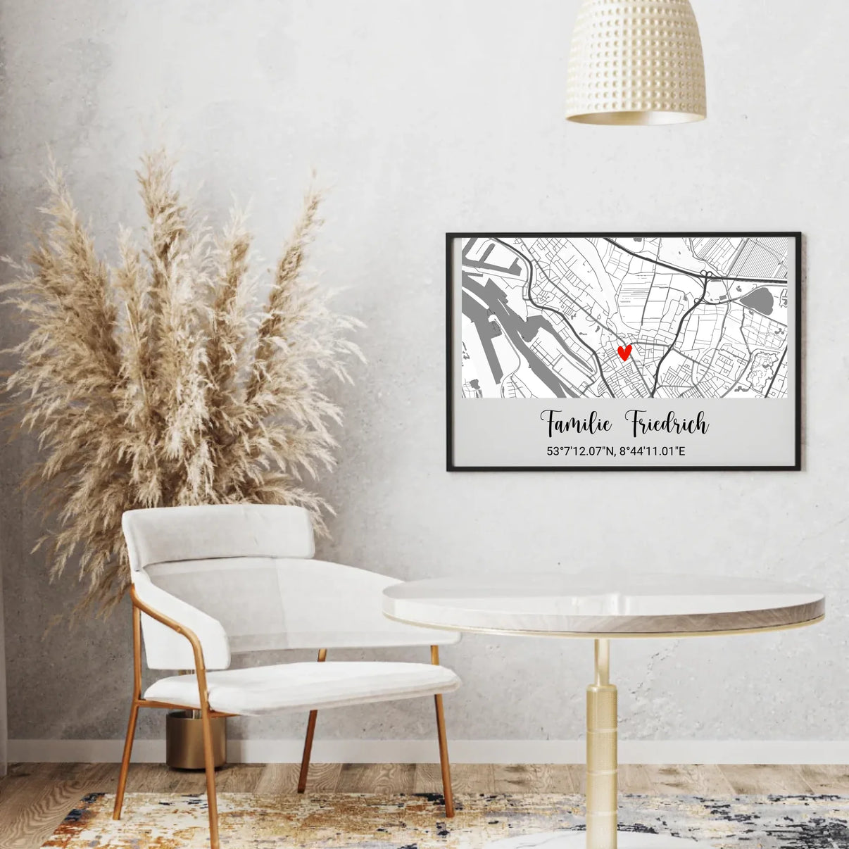 Stadtkarte im minimalistischen Stil mit Herzsymbol und Koordinaten
