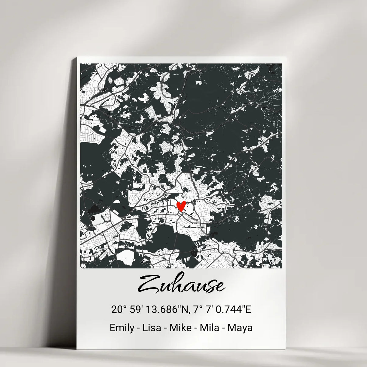 Stadtkarte-Design mit Herz und Inschrift 'Zuhause'