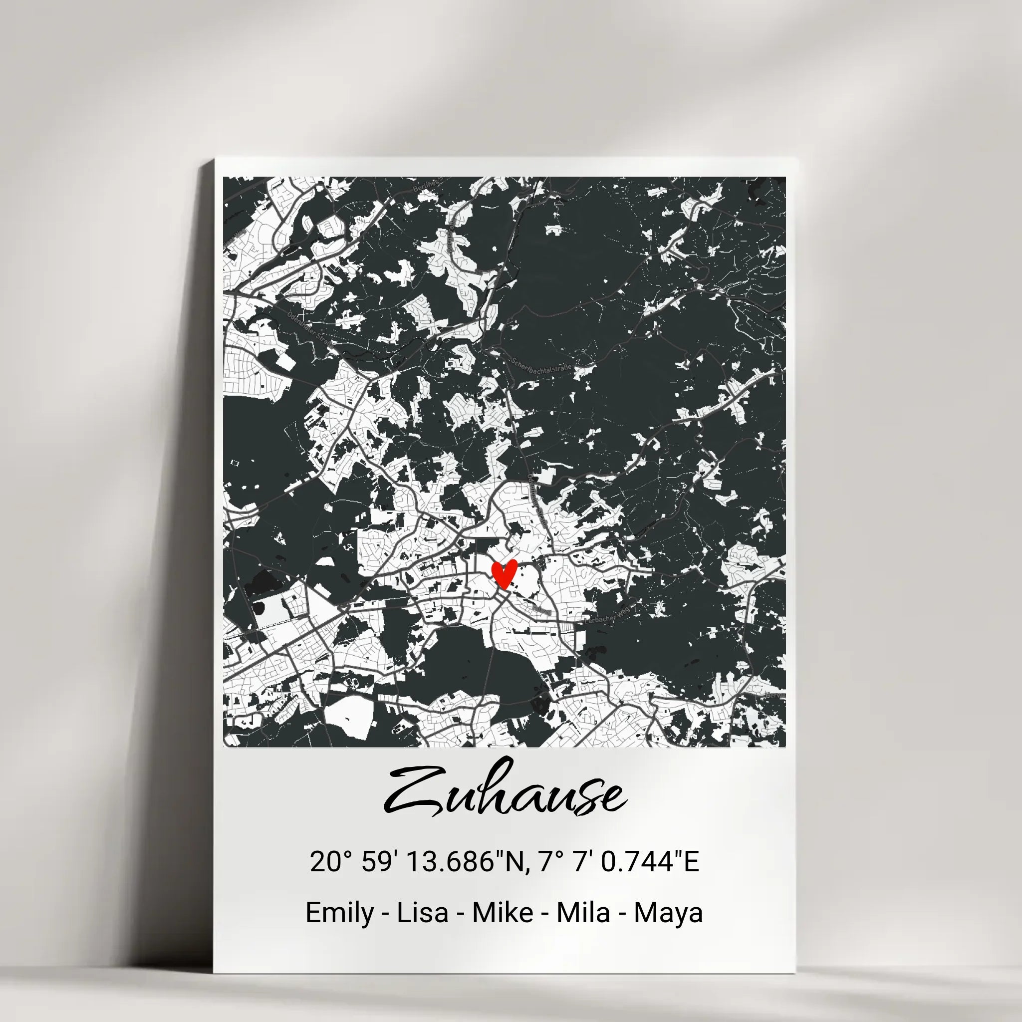 Stadtkarte-Design mit Herz und Inschrift 'Zuhause'