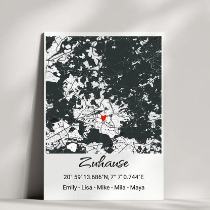 Stadtkarte-Design mit Herz und Inschrift 'Zuhause'