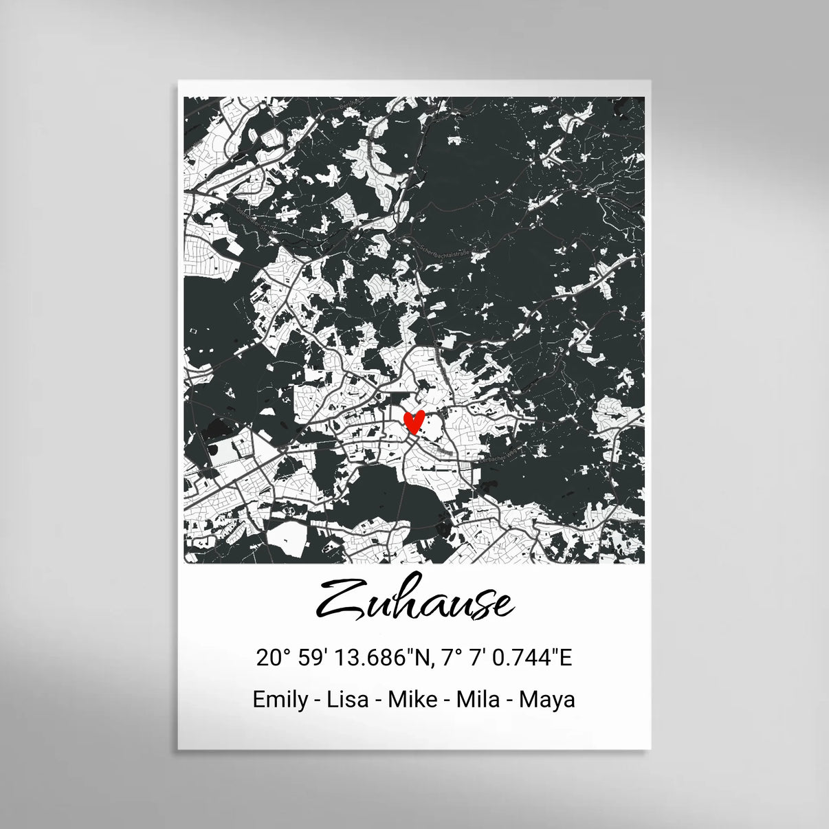 Moderne Map-Art mit personalisiertem Titel und Ortsmarkierung