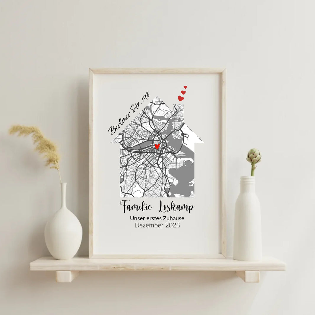 Personalisierbares Poster mit Wohnort-Karte und Familienname, ideal als Geschenk zum Einzug oder zur Hochzeit.