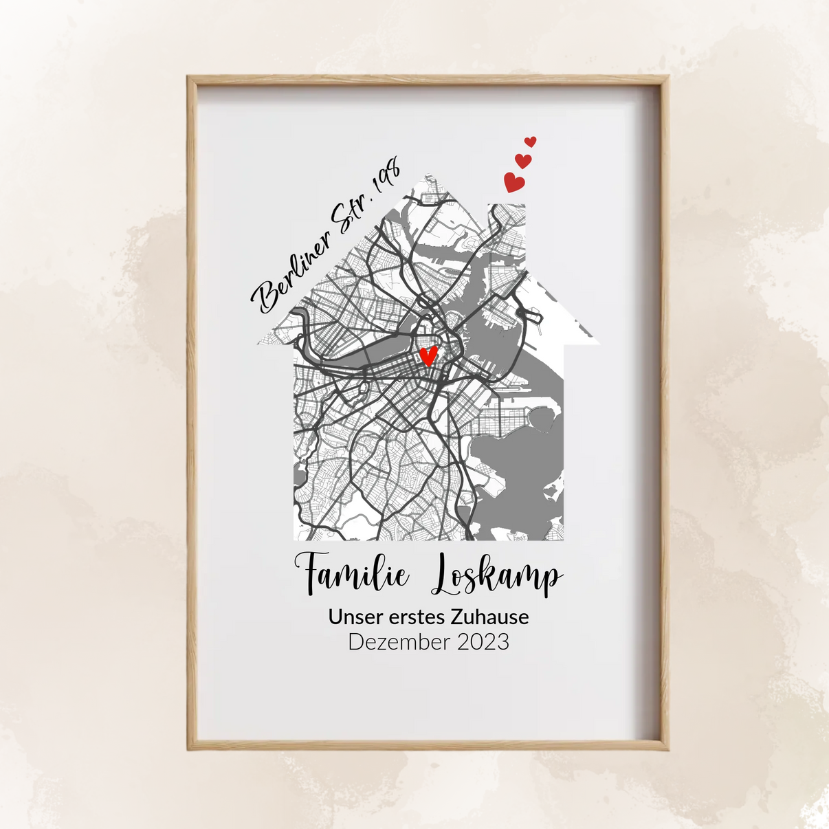 Stilvolles Poster mit personalisiertem Straßennamen und roter Herz-Markierung
