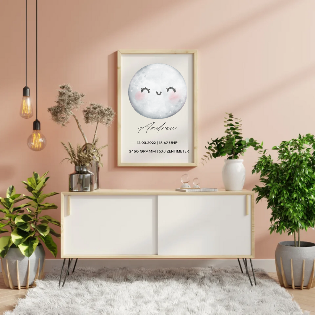 Personalisierbares Geburts-Poster Mondliebe mit süßer Mondillustration