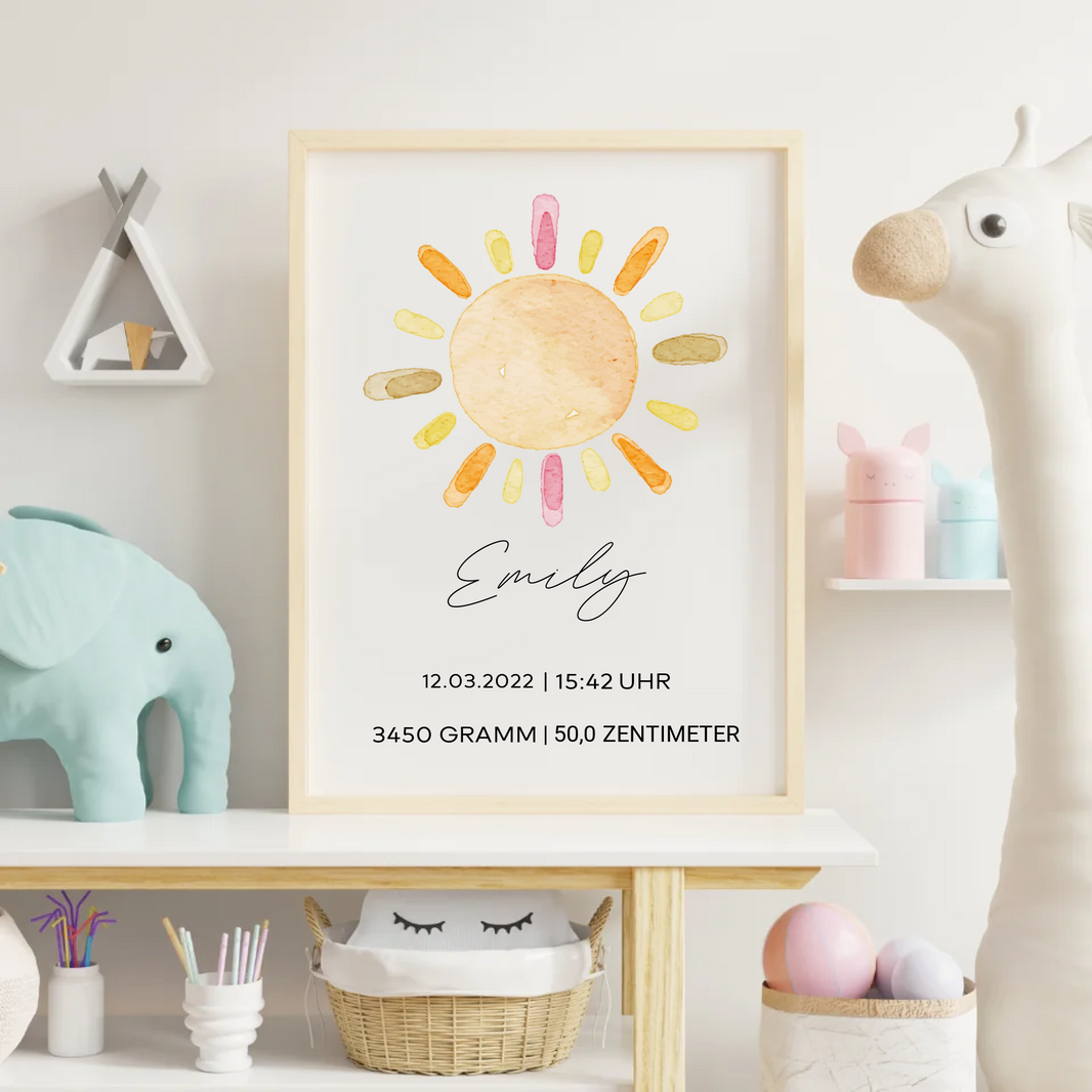 Geburtsdaten-Poster mit Aquarell-Sonnenmotiv und individuellem Namen