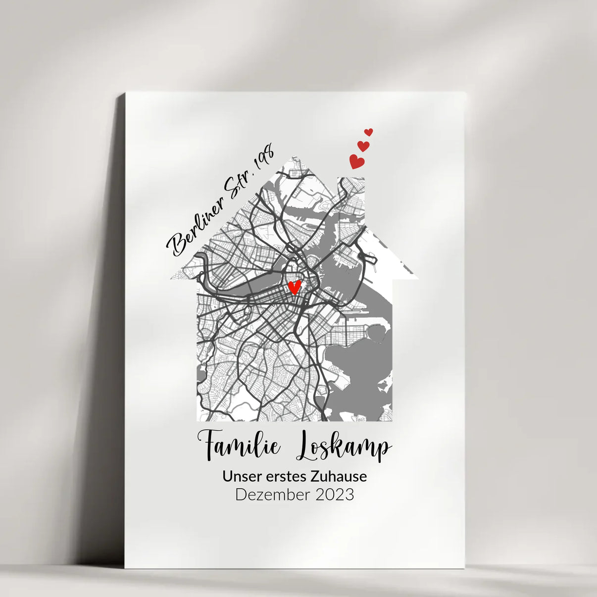 Detailansicht des Einzugsposters mit Familienname und Umzugsdatum