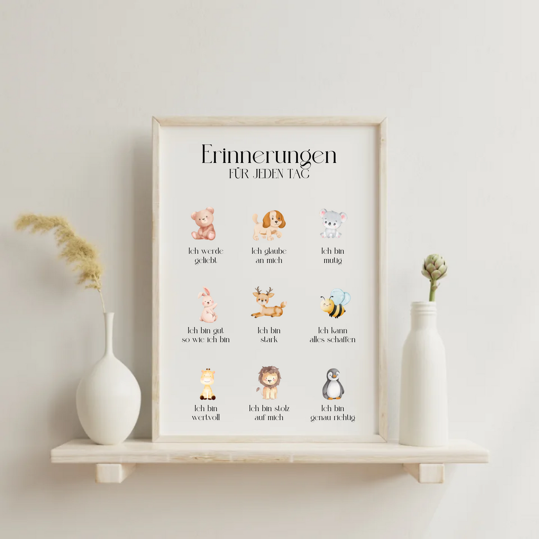 Inspirierendes Kinderposter mit 12 Affirmationen und süßen Tiermotiven