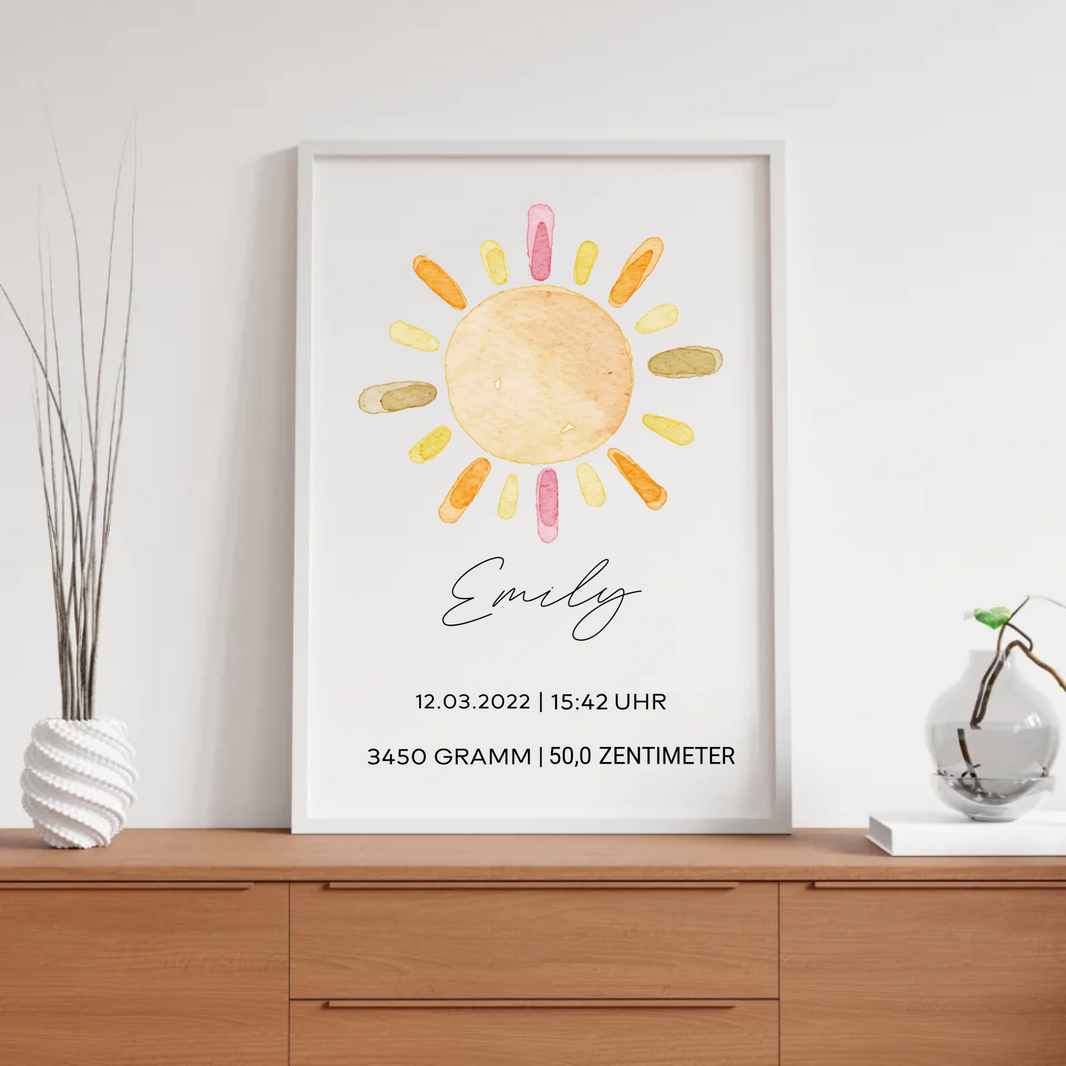 Geburtsdaten-Poster „Aquarell Sonne“ – personalisierbares Babygeschenk