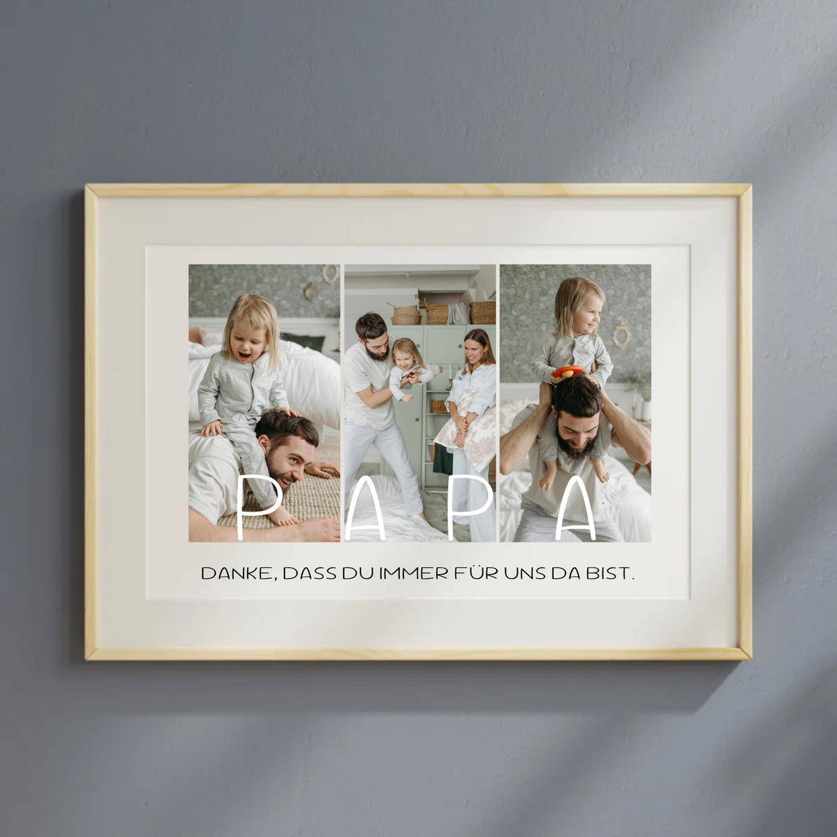 Detailansicht des weißen Holzdesigns und Dankesbotschaft auf Papa-Poster