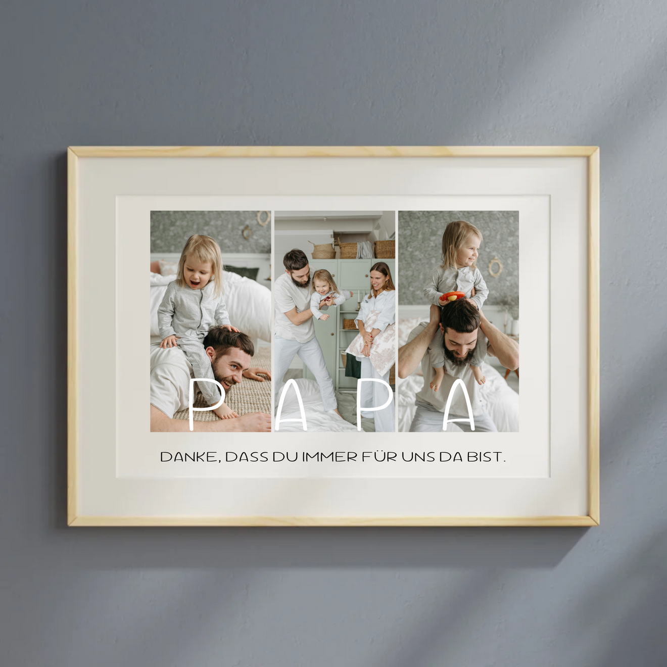 Detailansicht des weißen Holzdesigns und Dankesbotschaft auf Papa-Poster