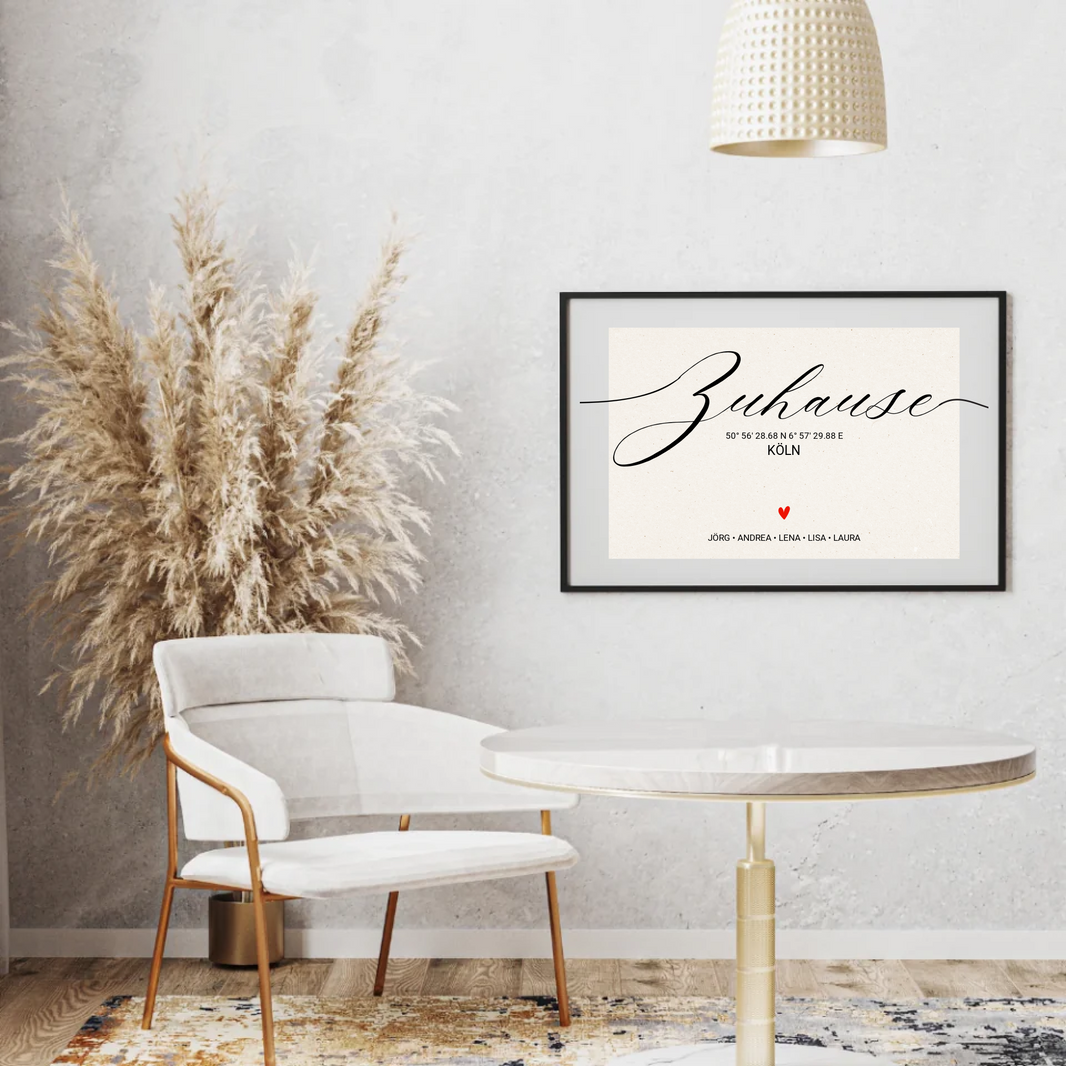 Personalisiertes Zuhause Poster mit Koordinaten und Familiennamen