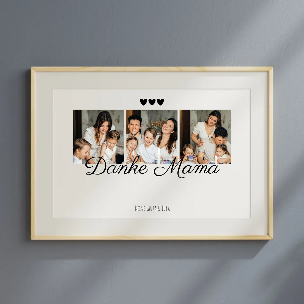 Collage-Poster 'Danke Mama' mit drei persönlichen Familienfotos
