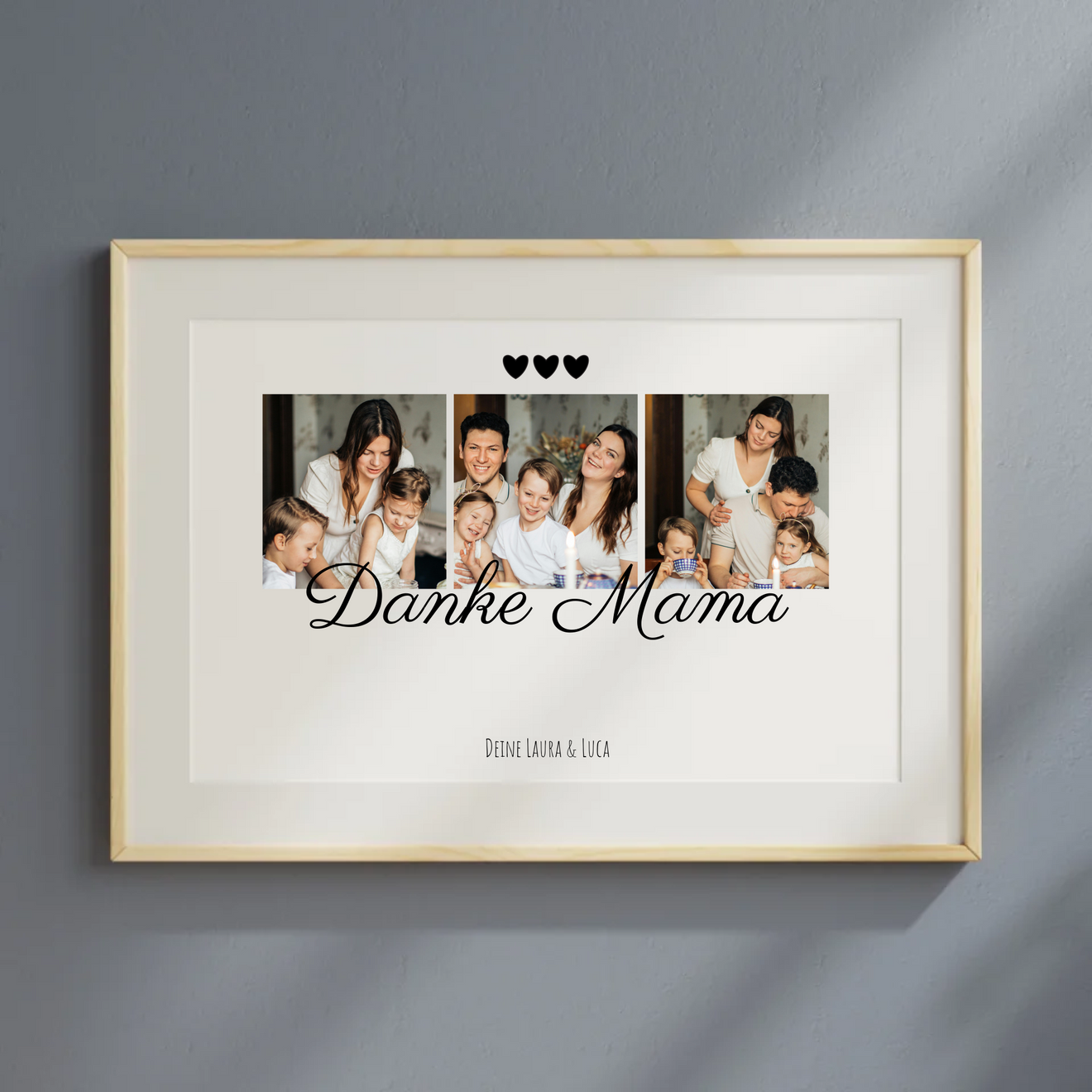 Collage-Poster 'Danke Mama' mit drei persönlichen Familienfotos