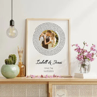 Personalisierte Hochzeitsposter mit Foto, Lieblingssong-Design und individuellem Datum – einzigartiges Geschenk für den besonderen Tag. Wähle euren Song aus und die Lyrics erscheinen automatisch.