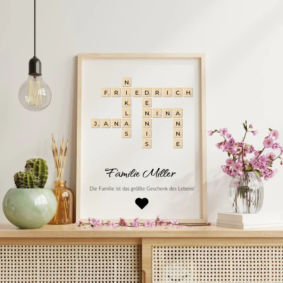 Wandposter im Scrabble-Stil mit individuellen Familiennamen und Herz.